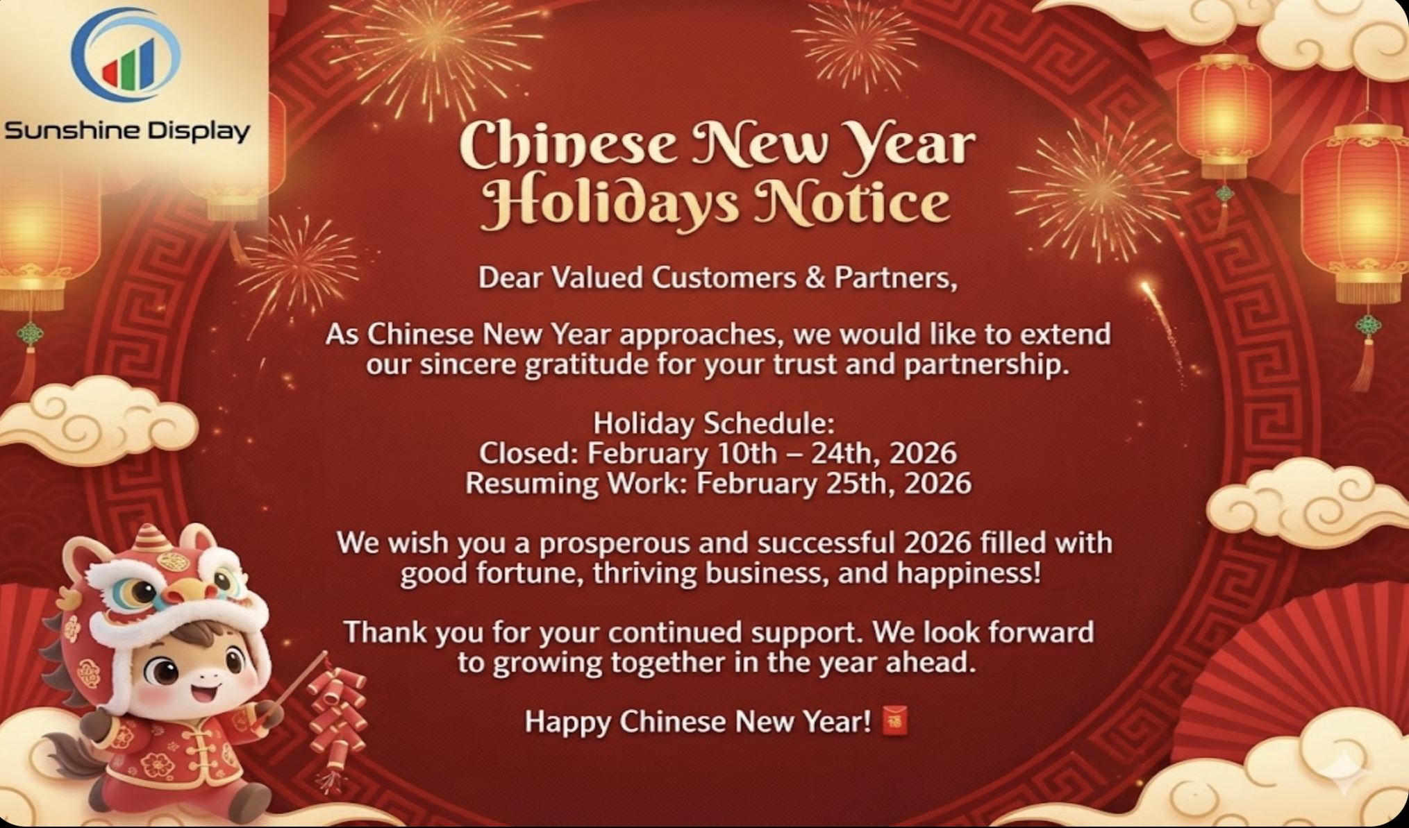 Embracing the Spring, Celebrating Together: Sunshine Display’s Holiday Notice & The Spirit of Chinese New Year
