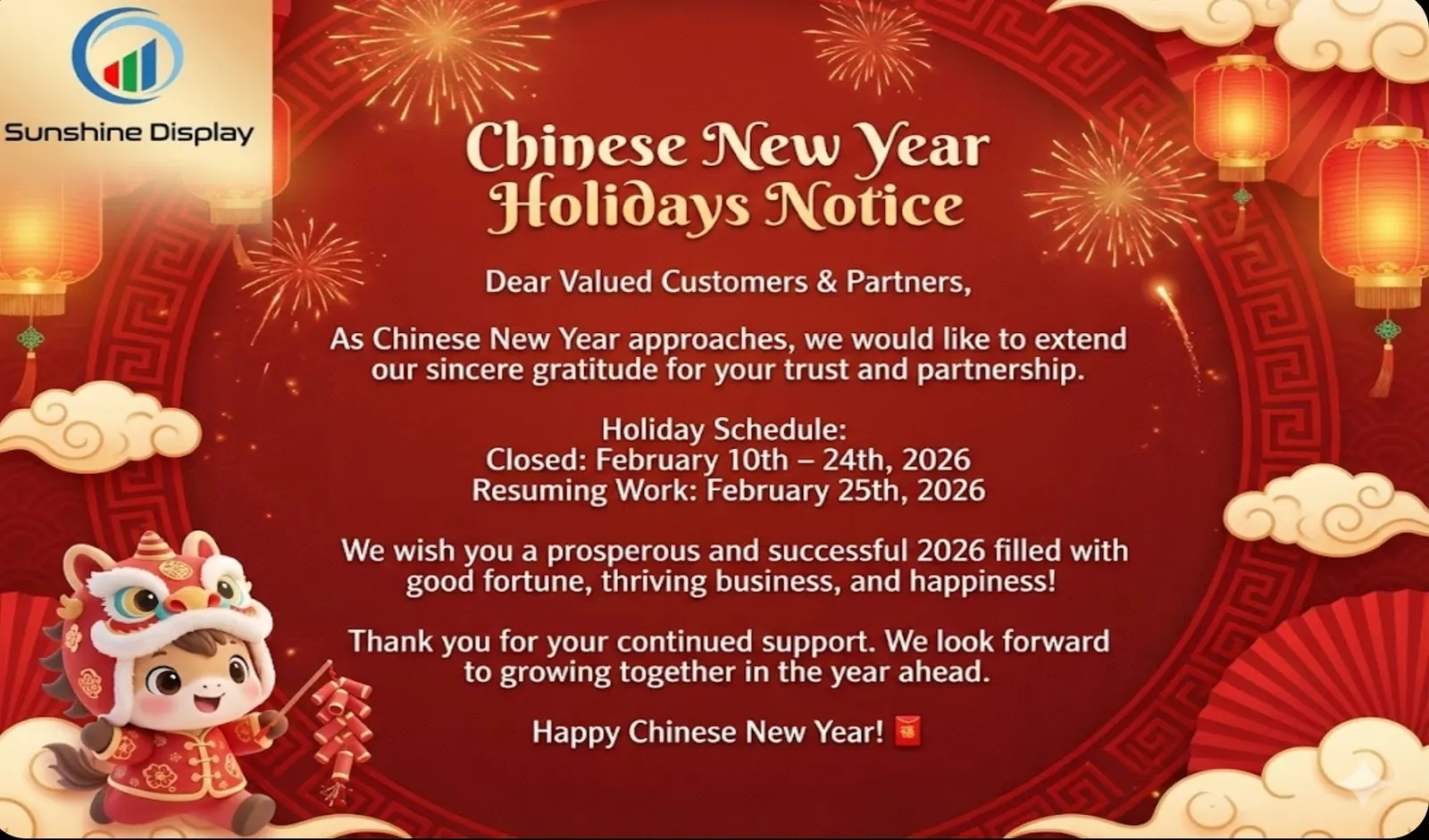 Embracing the Spring, Celebrating Together: Sunshine Display’s Holiday Notice & The Spirit of Chinese New Year