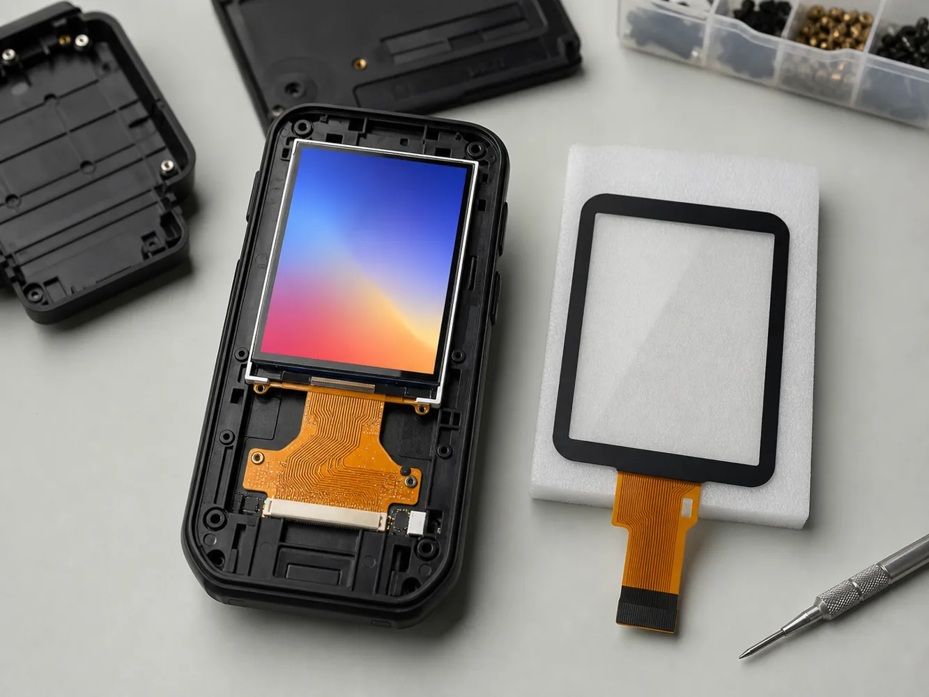 2.8 inch TFT LCD module integrated into compact handheld device enclosure