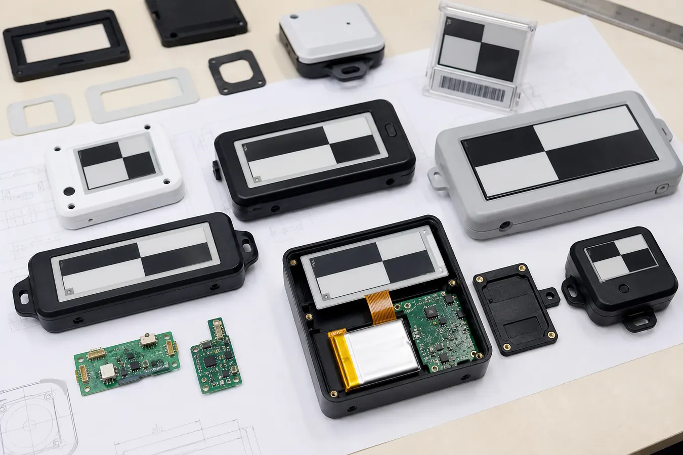 Custom e-paper OEM product samples with enclosures PCB battery and exposed display module