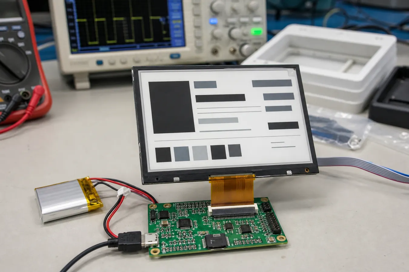 E-paper display module with FPC connector and controller board during engineering validation