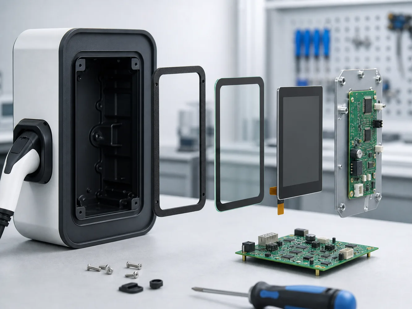 EV charger LCD touch panel cover glass and sealed enclosure integration