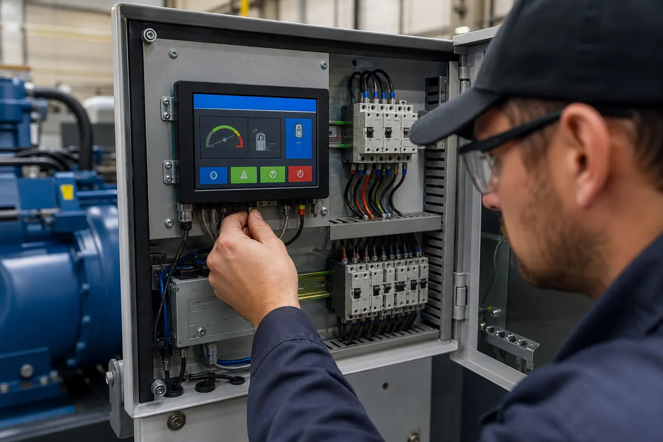 Industrial LCD module installed in compressor control cabinet during integration test