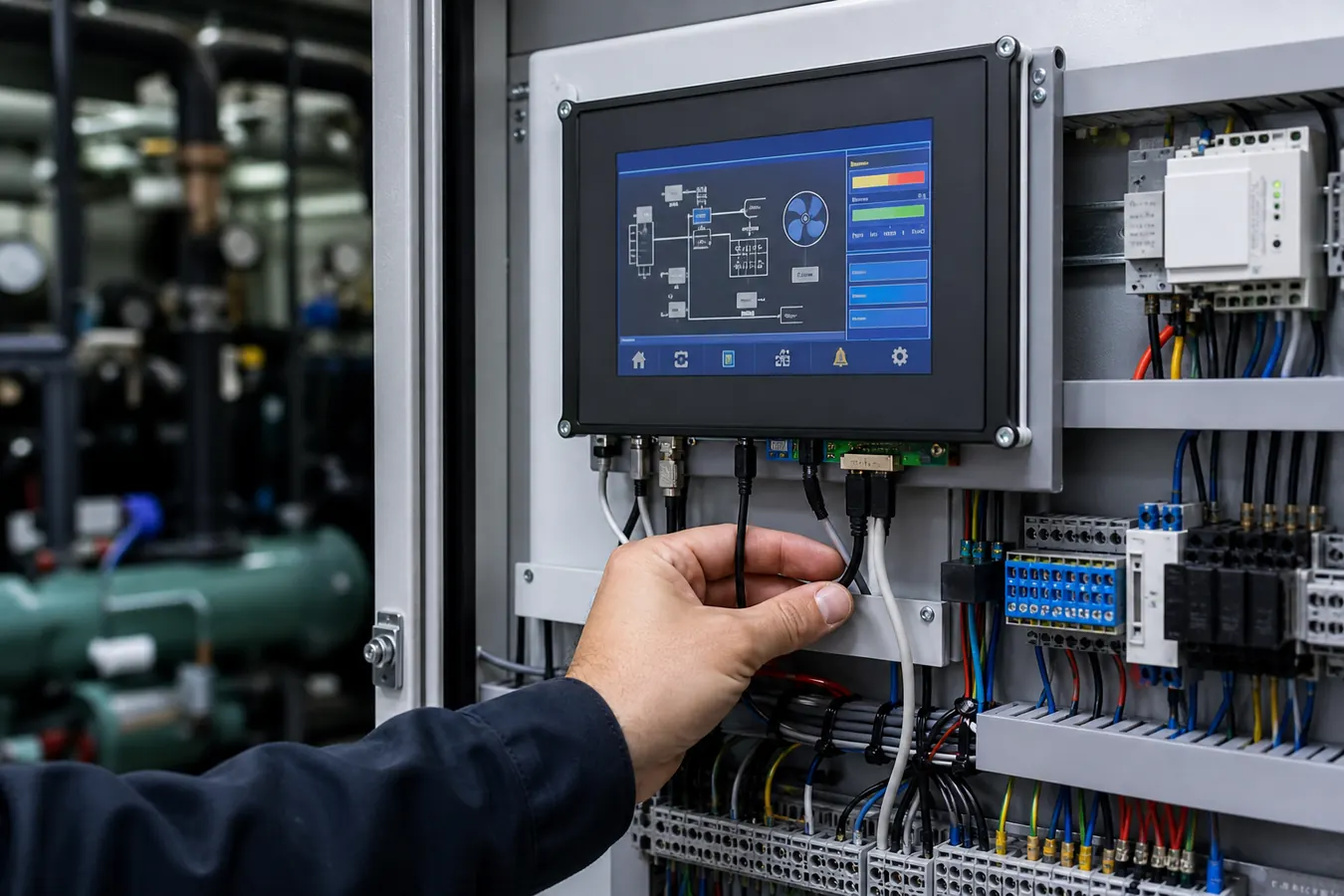 Industrial LCD module installed inside refrigeration control cabinet during wiring and integration test