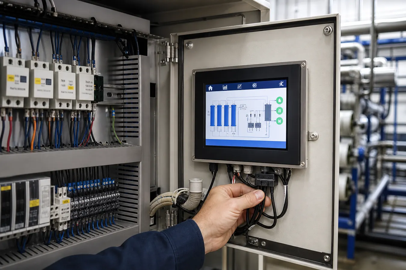 Industrial LCD module installed inside water treatment control cabinet during wiring integration test