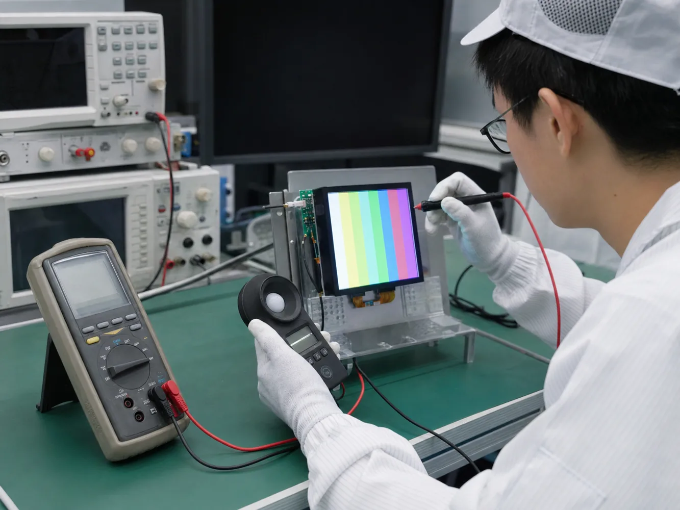 Engineer measuring TFT LCD backlight current and brightness