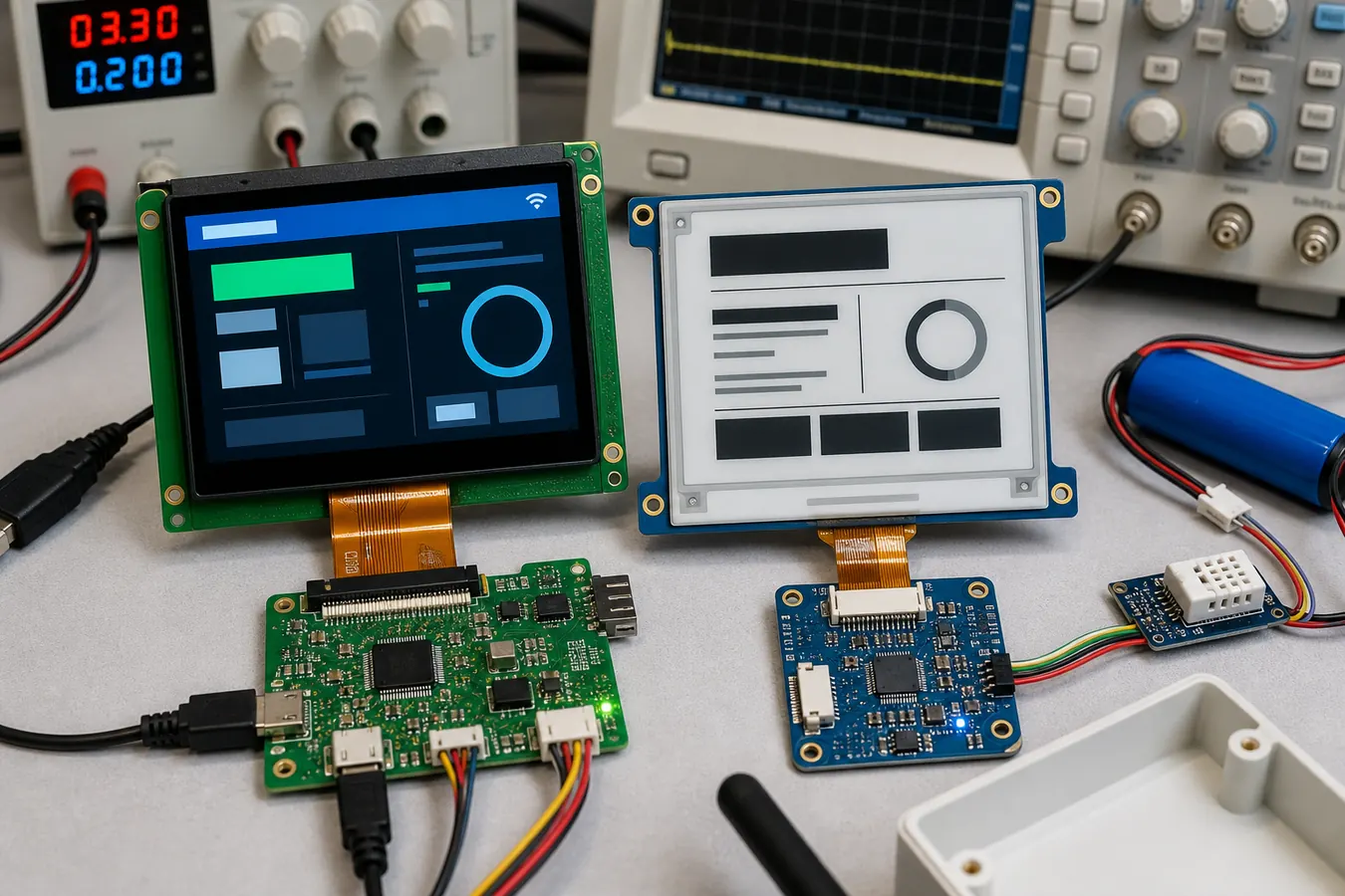 TFT LCD module and e-paper display module with FPC connectors on engineering validation bench
