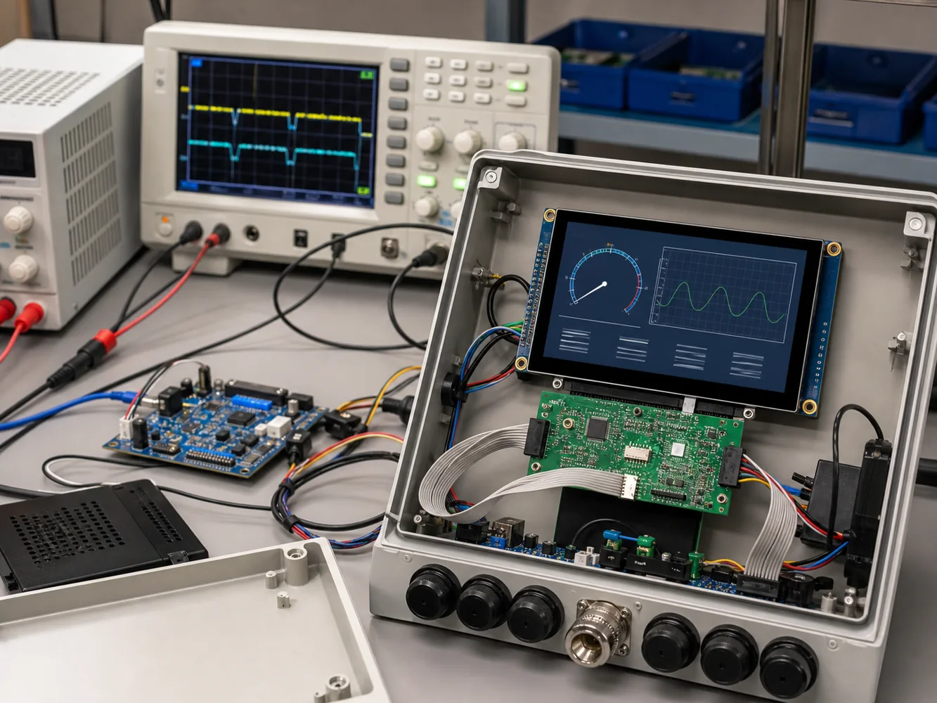 LCD interface board system integration test inside industrial enclosure