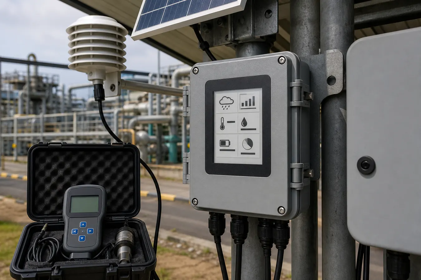 Low power industrial field monitoring device using e-paper display module near sensors and solar panel