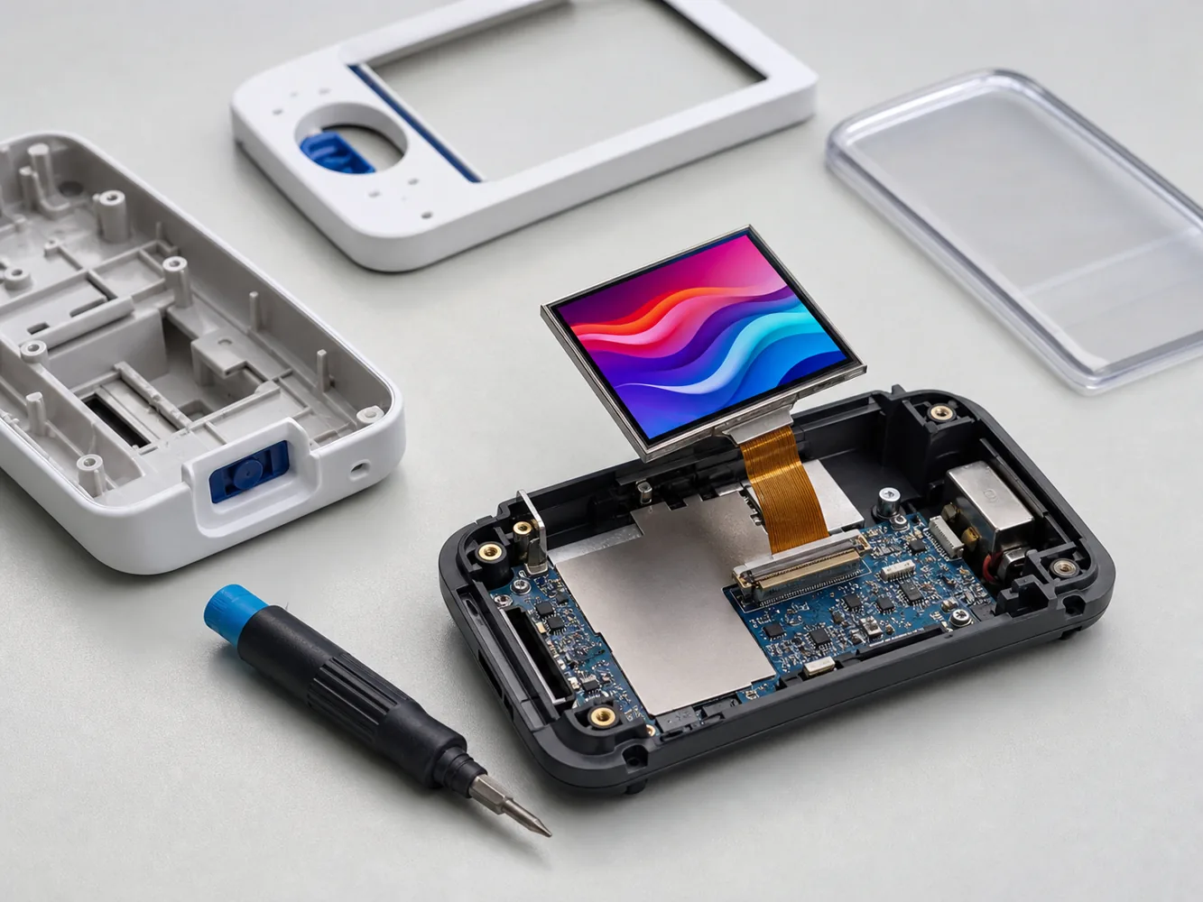 MIPI DSI LCD module integrated into compact handheld device prototype