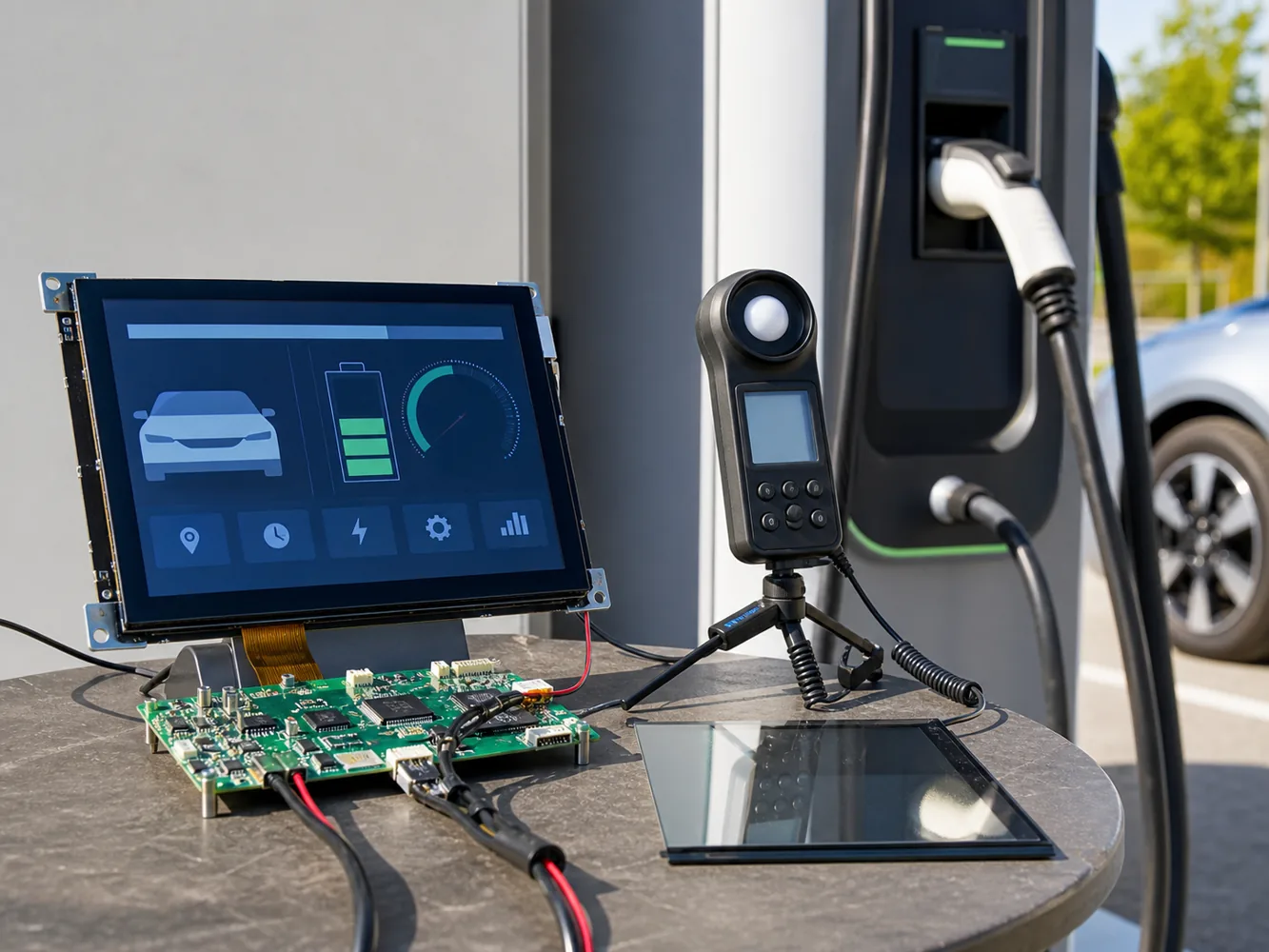 Sunlight readable LCD display module testing for EV charging station