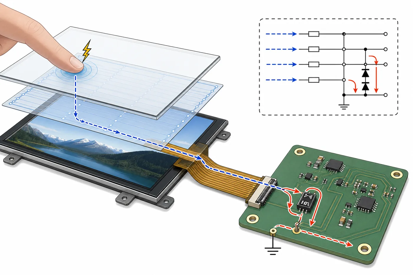 TFT LCD ESD protection path through touch panel and FPC
