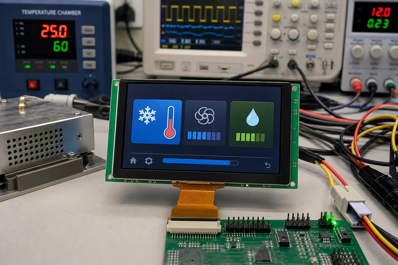 TFT LCD module with FPC connector validated on bench for industrial chiller controller