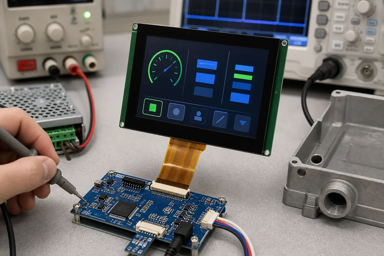 TFT LCD module with FPC connector being validated on engineering bench for compressor controller