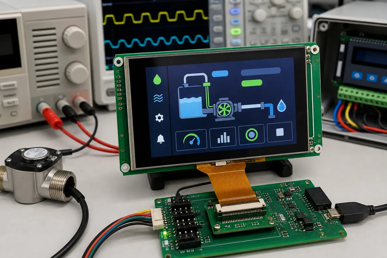 TFT LCD module with FPC connector validated on engineering bench for pump controller