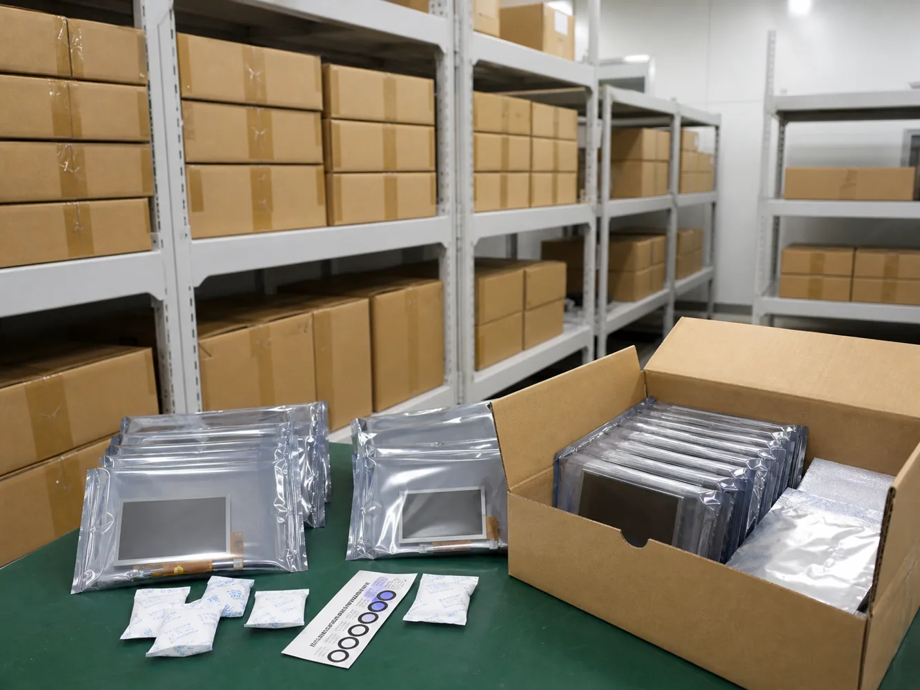 TFT LCD modules in sealed anti-static packaging for warehouse storage