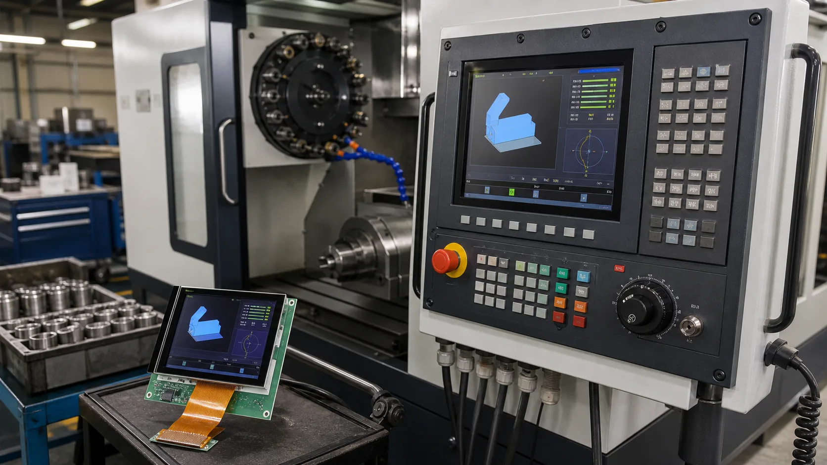 Industrial CNC control panel with TFT LCD display in machining workshop