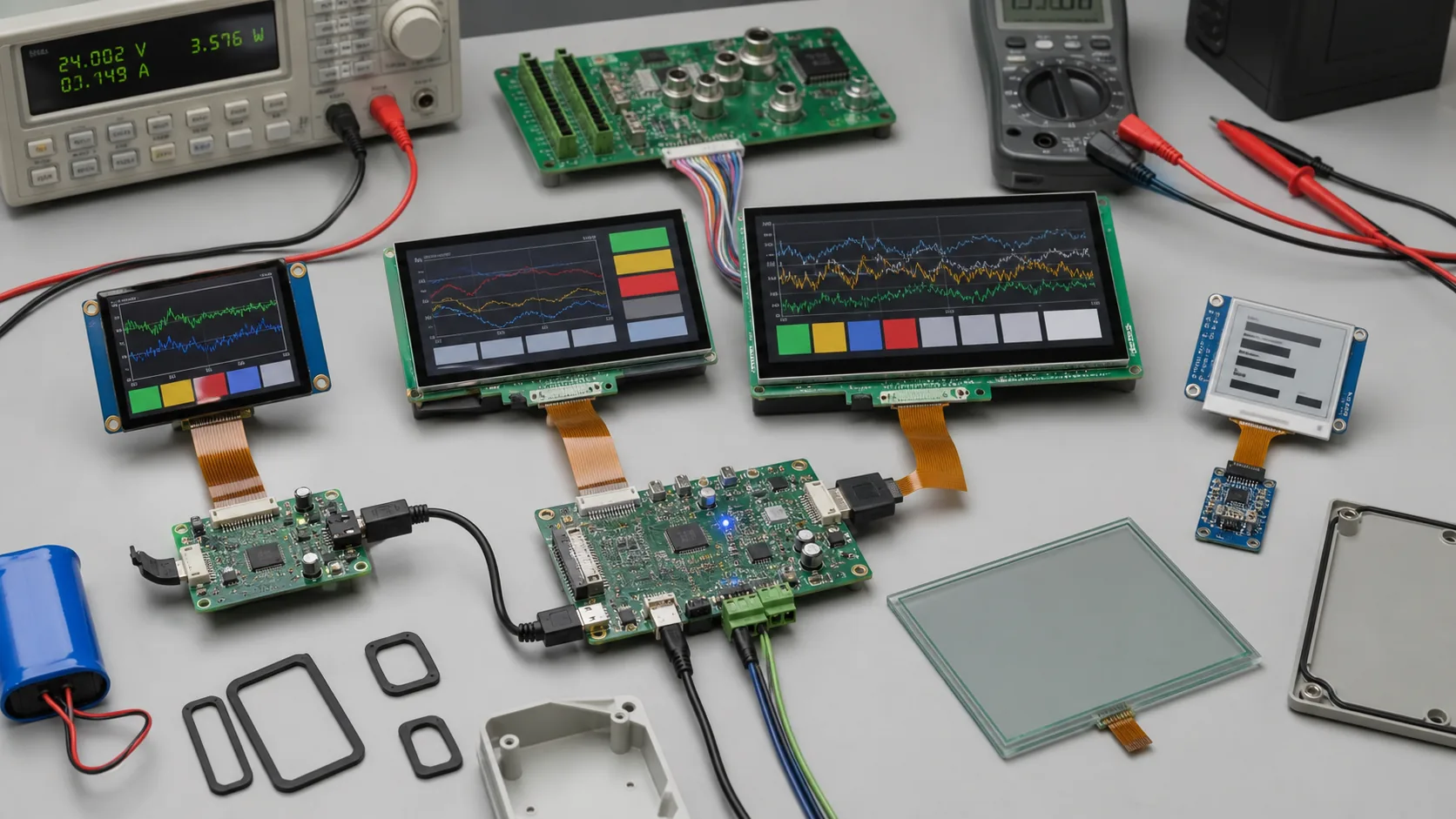 Engineering validation bench for TFT LCD and e-paper display modules used in monitoring devices