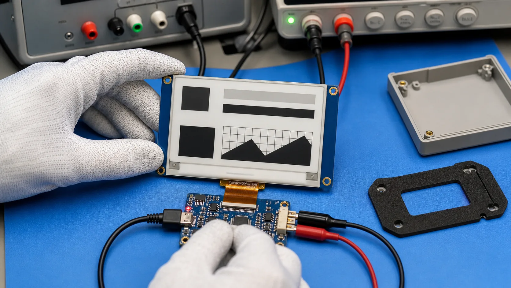 E-paper display module connected to controller board for low-power industrial device validation