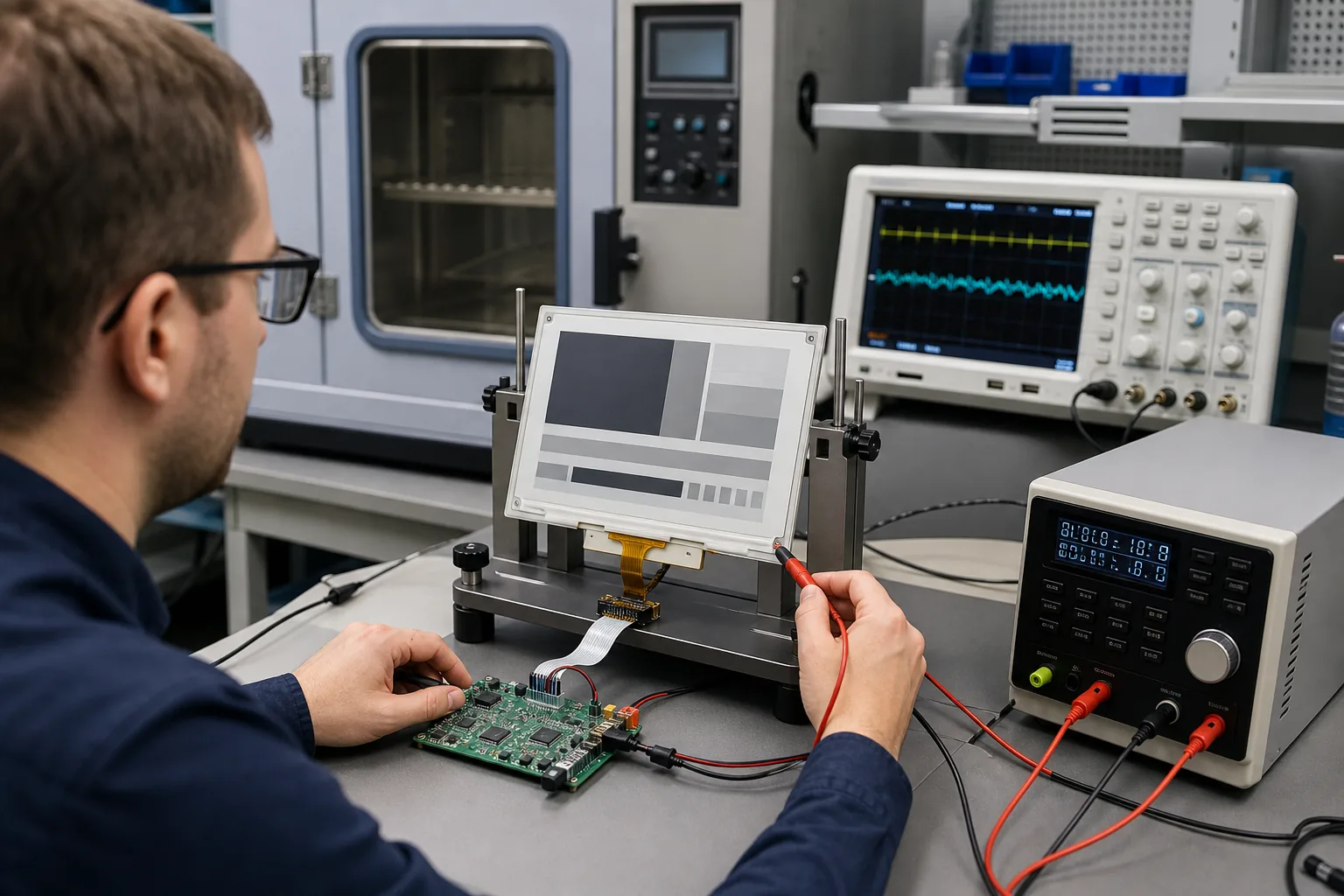 Engineer testing e-paper module refresh behavior and power consumption on a validation bench
