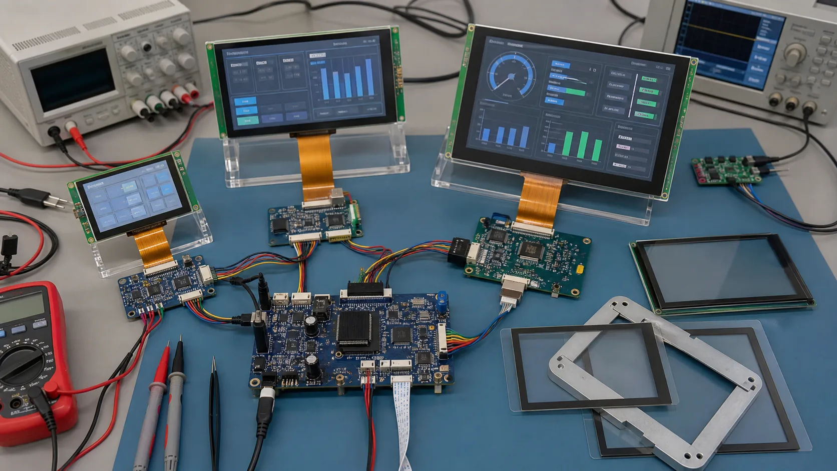 Engineering validation bench for TFT LCD modules used in EV charger panels
