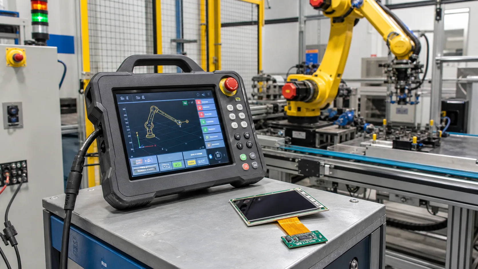 Rugged robot teach pendant with TFT LCD display used beside factory automation cell