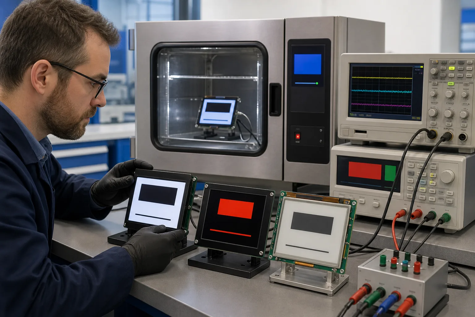 Engineer validating TFT LCD OLED and e-paper modules for industrial use