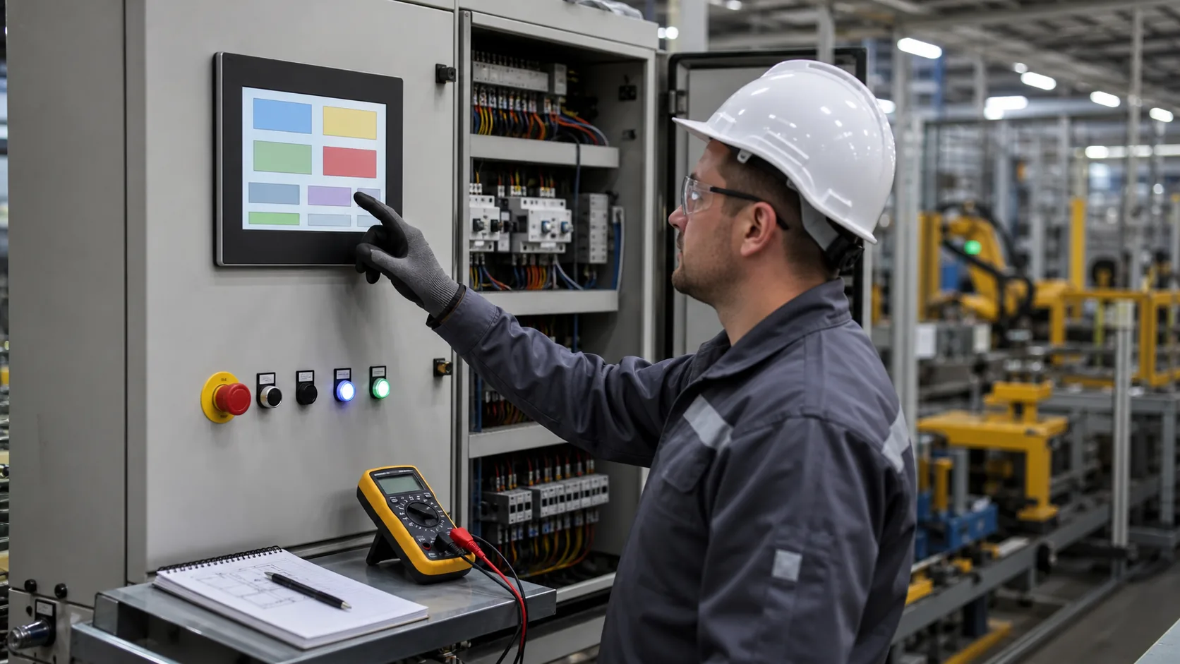 Technician validating TFT LCD HMI operation on an industrial electrical control cabinet