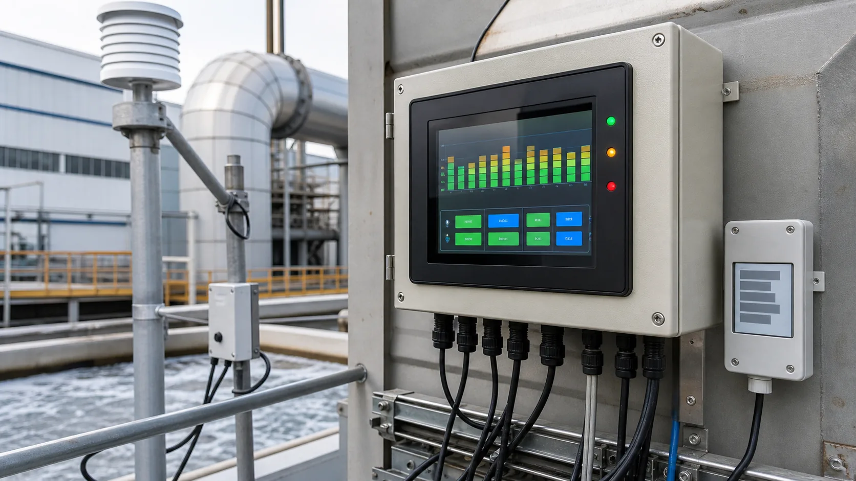 Industrial monitoring panel with TFT LCD display and e-paper status label in outdoor utility area