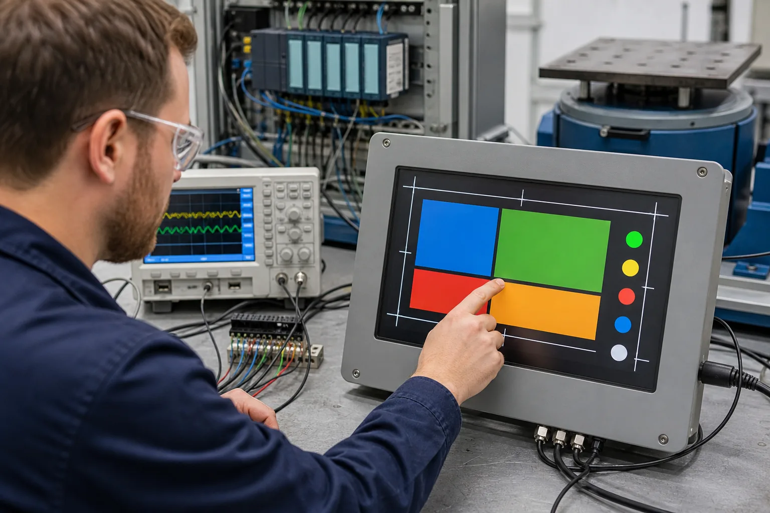 Engineer validating industrial printing machine LCD HMI color visibility and touch response