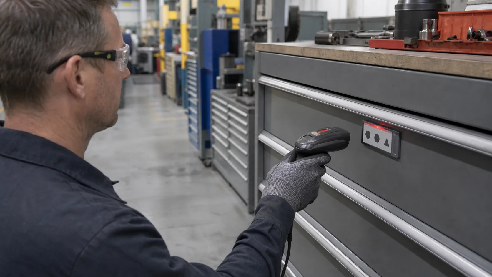Technician scanning an e-paper tool drawer label in an industrial maintenance room