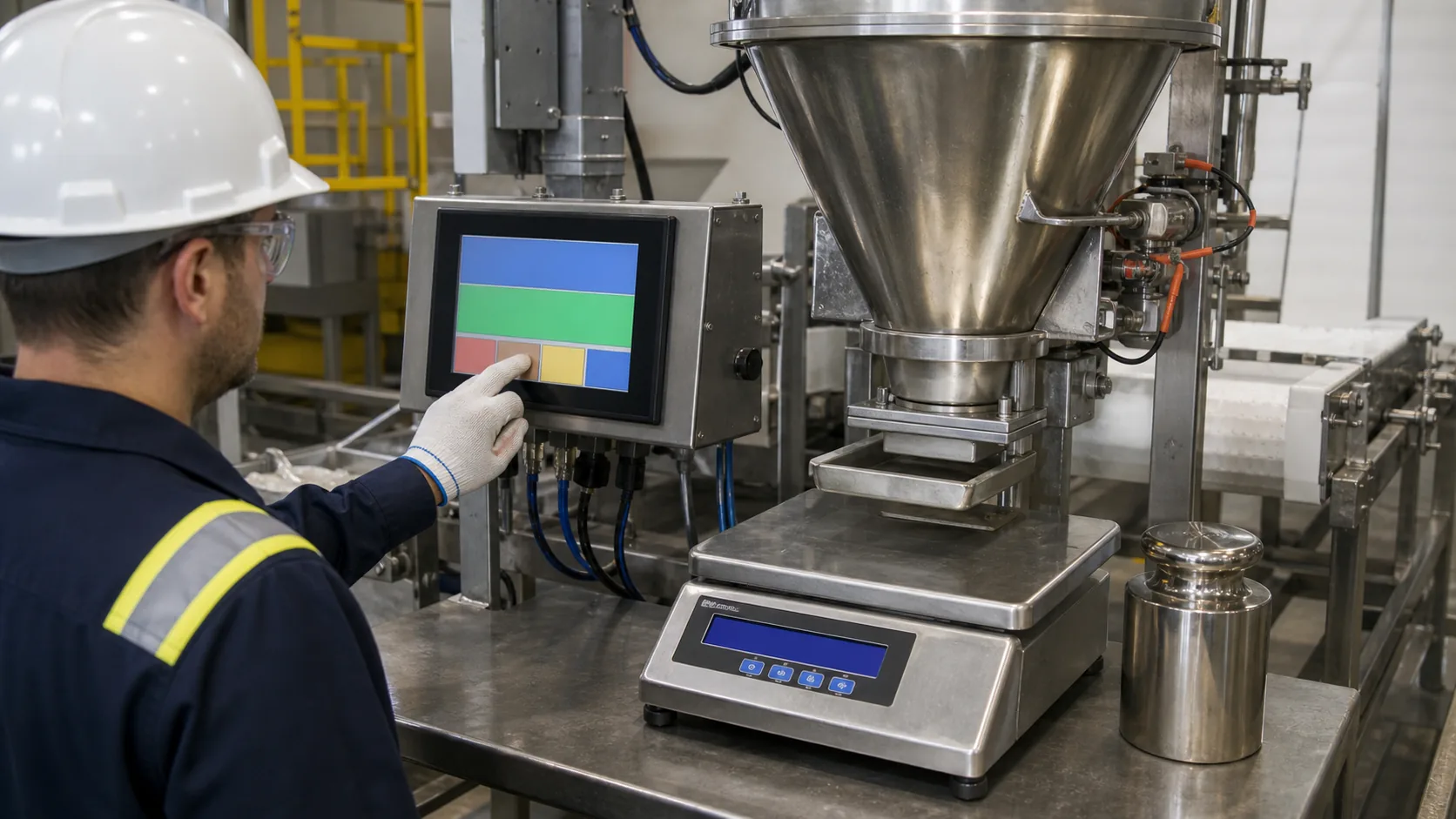 Technician validating TFT LCD touch HMI on an industrial hopper weighing station