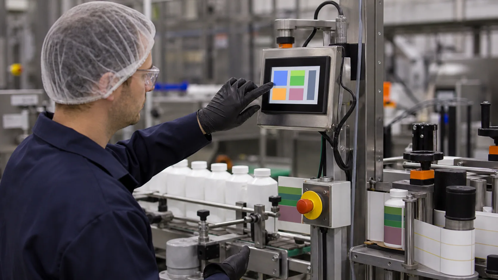 Technician validating TFT LCD HMI on industrial automated labeling machine