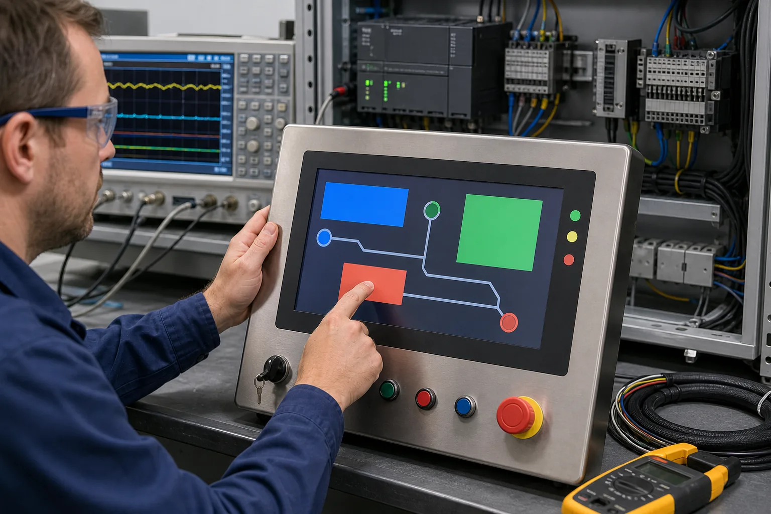 Engineer validating an industrial laser cutting machine LCD HMI and touch panel