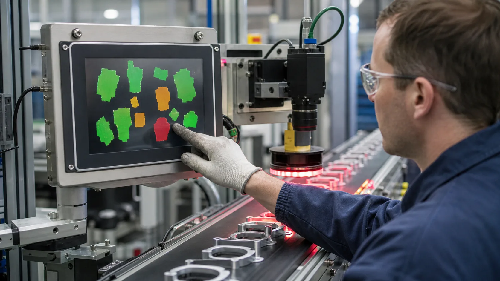 Engineer validating TFT LCD HMI at industrial machine vision inspection production line
