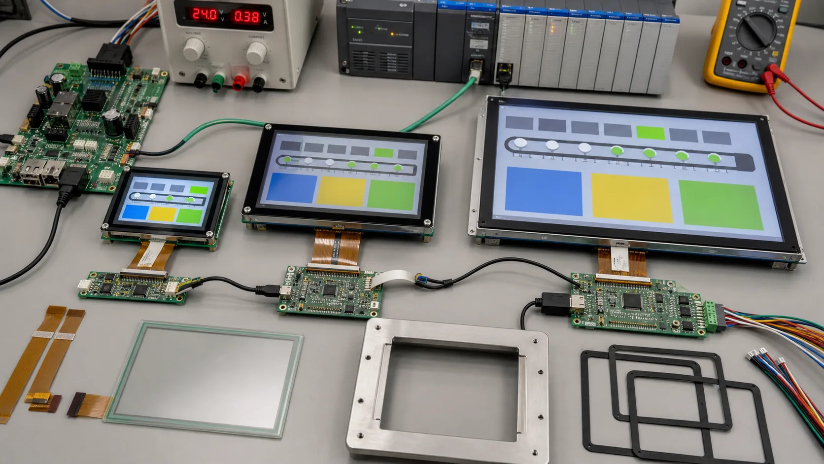 Engineering validation bench for TFT LCD modules used in packaging machine HMIs