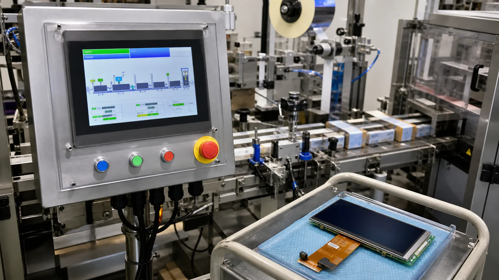 Packaging line control panel with TFT LCD display module in factory application