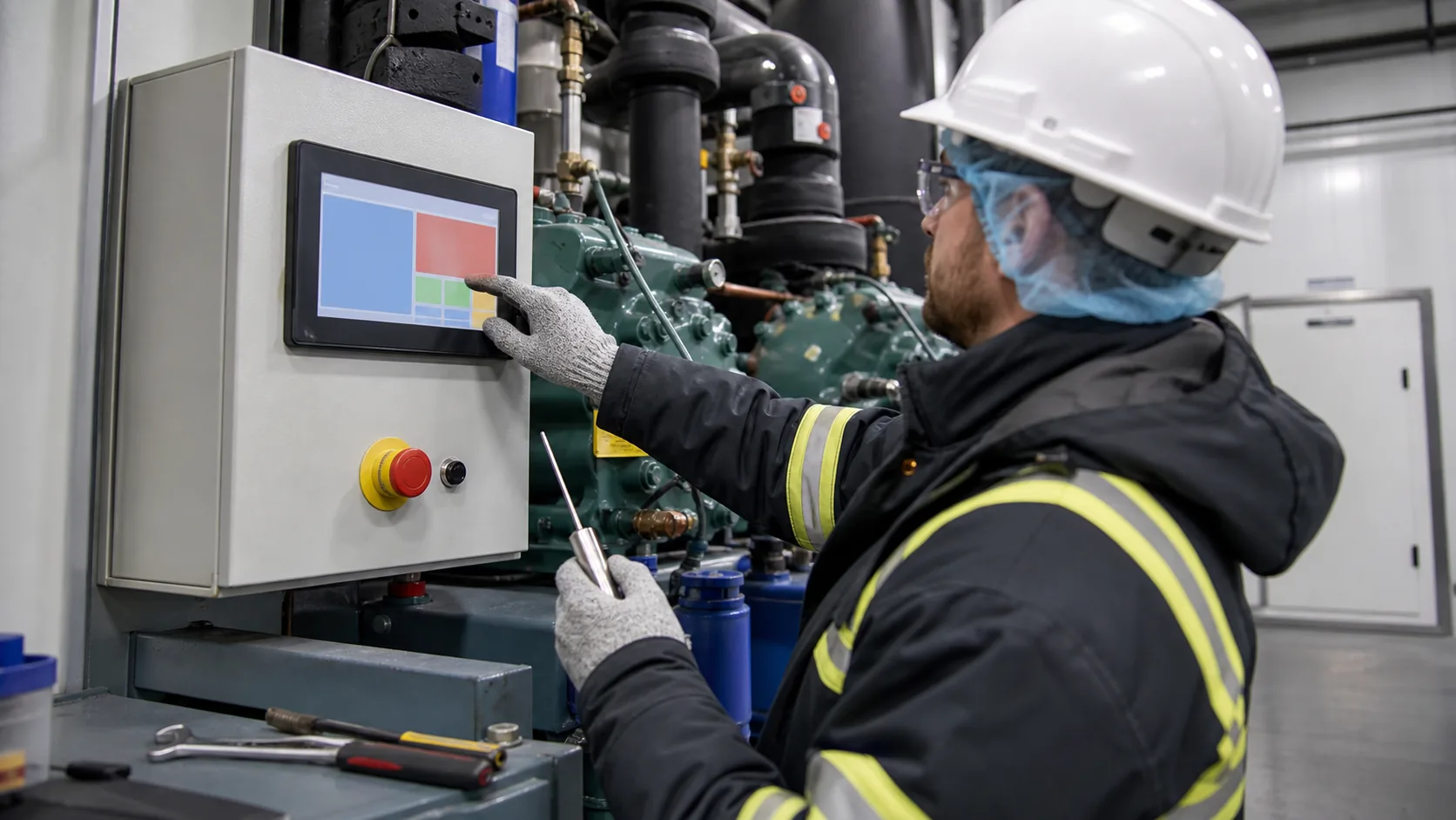 Technician validating TFT LCD HMI on industrial refrigeration compressor equipment