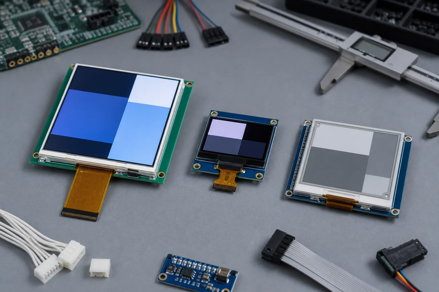 TFT LCD OLED and e-paper display modules on an engineering bench
