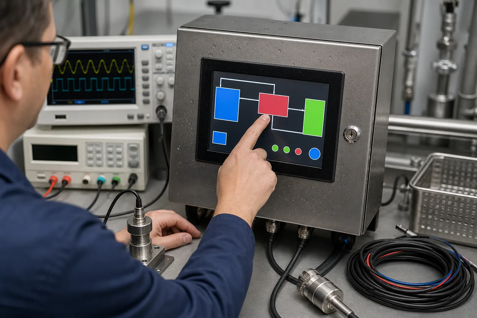Engineer validating ultrasonic cleaning equipment LCD HMI and moisture-resistant touch panel