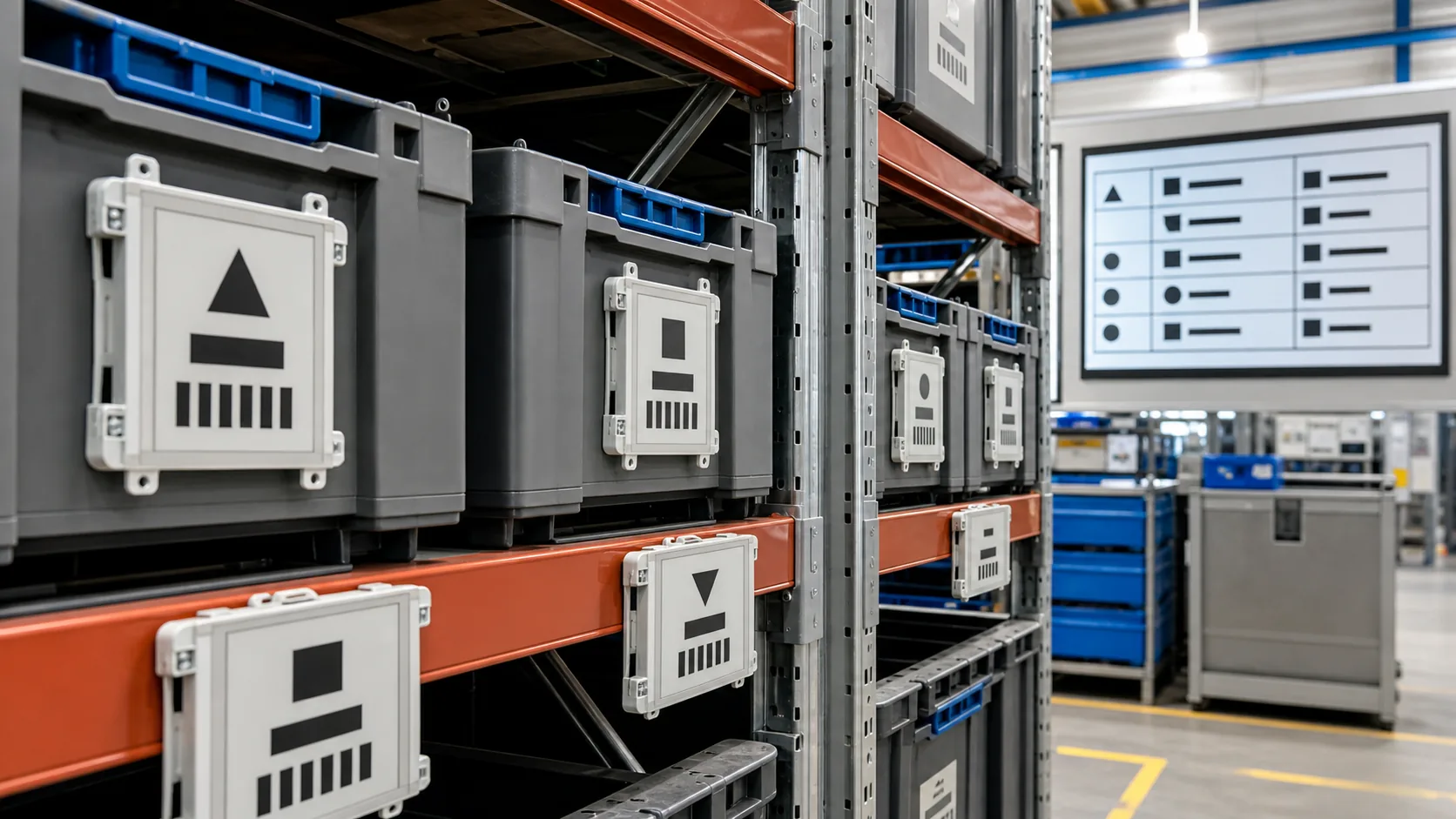 E-paper display labels mounted on industrial warehouse storage totes and racks