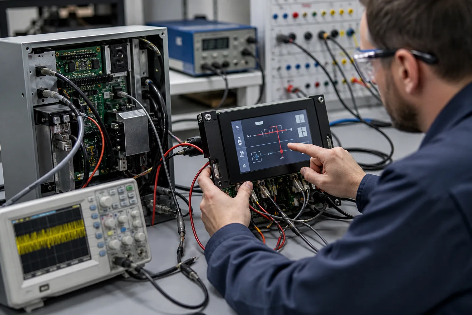 Engineer testing welding equipment LCD module for electrical noise and touch response