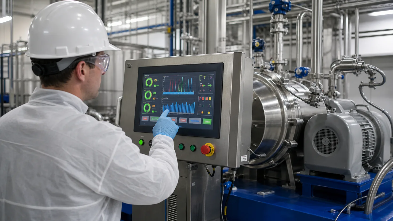 Operator using color TFT LCD HMI on an industrial centrifuge skid