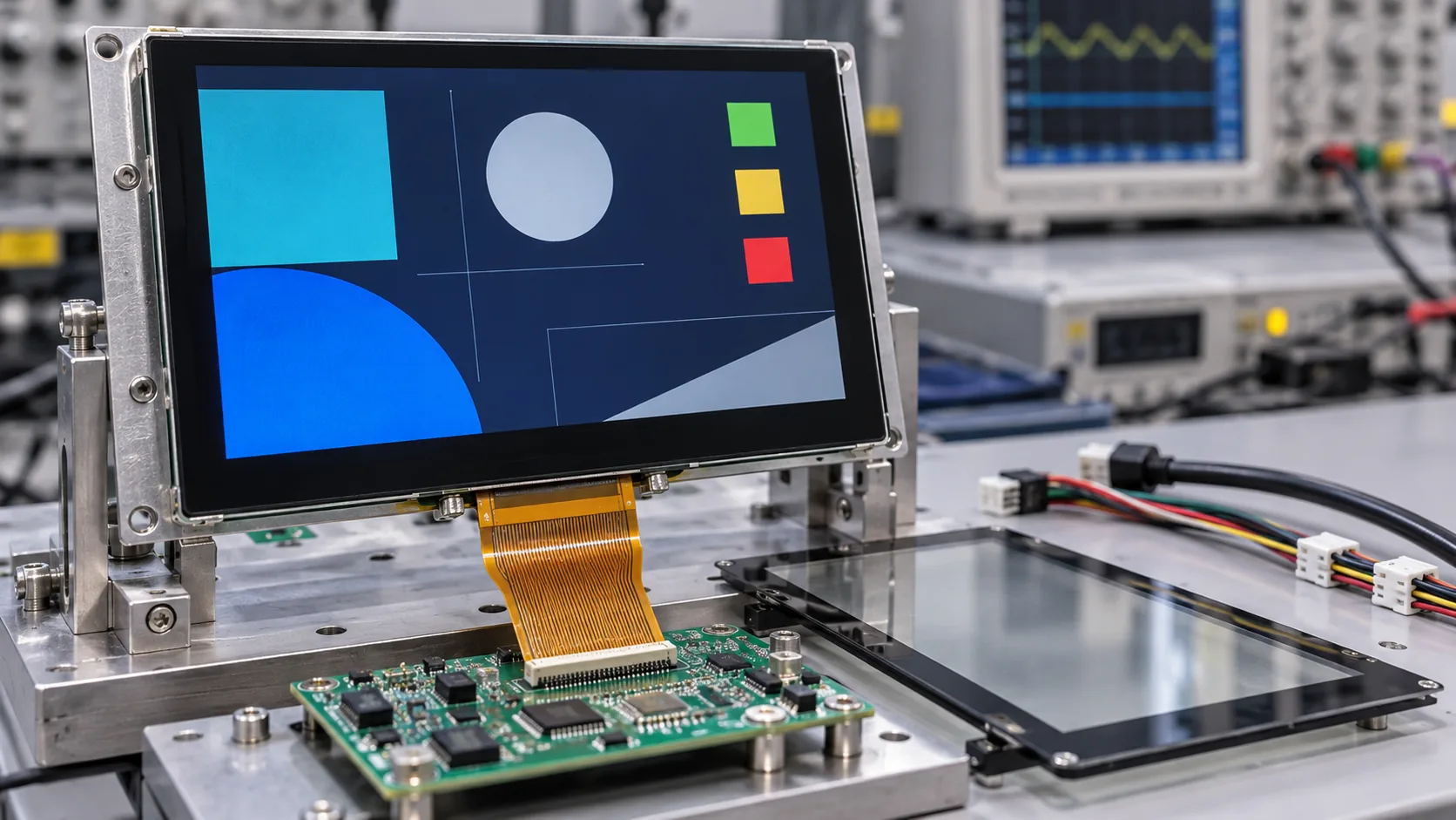 Industrial TFT LCD module, FPC cable, controller board, and touch lens on an OEM validation bench