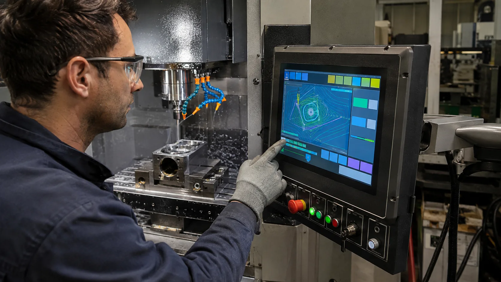 CNC operator using rugged TFT LCD touch HMI while wearing work gloves