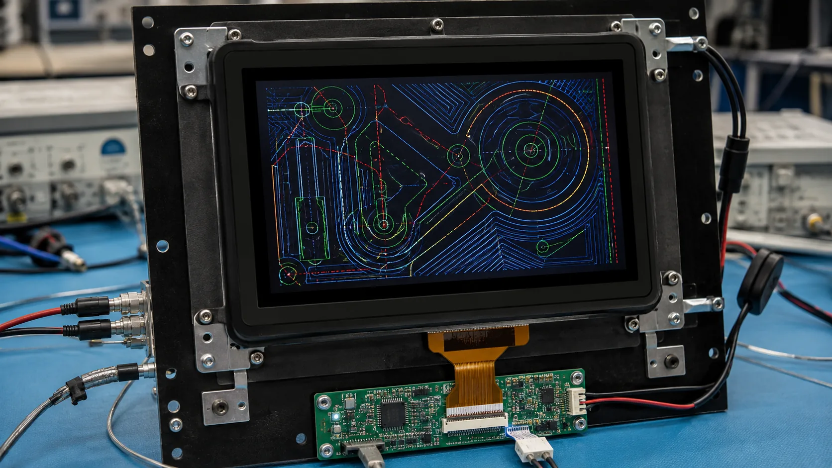 Industrial TFT LCD touch module with controller board and EMC test leads for CNC panel integration