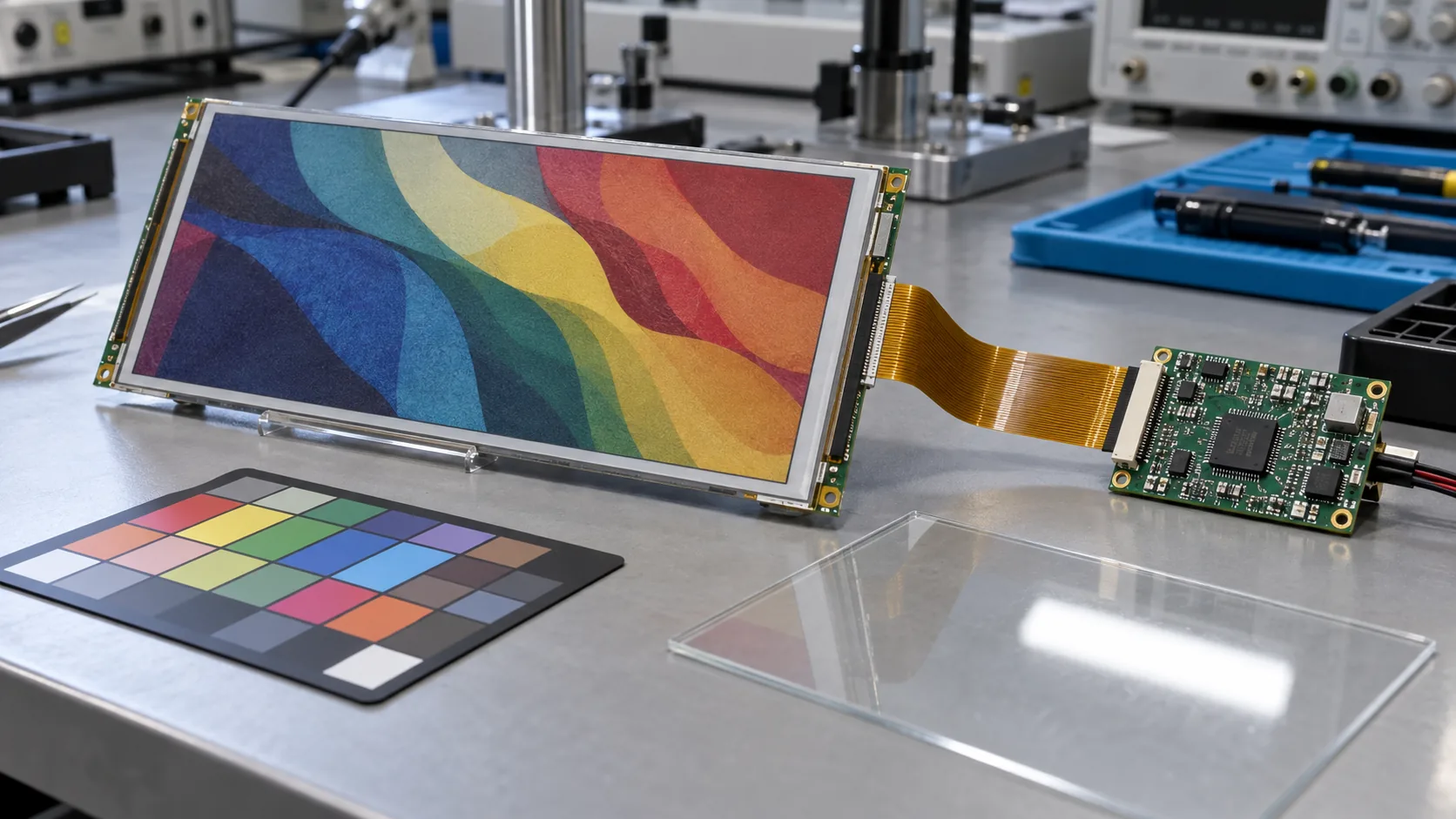 Color e-paper display module with flex cable and controller board on an industrial engineering validation bench