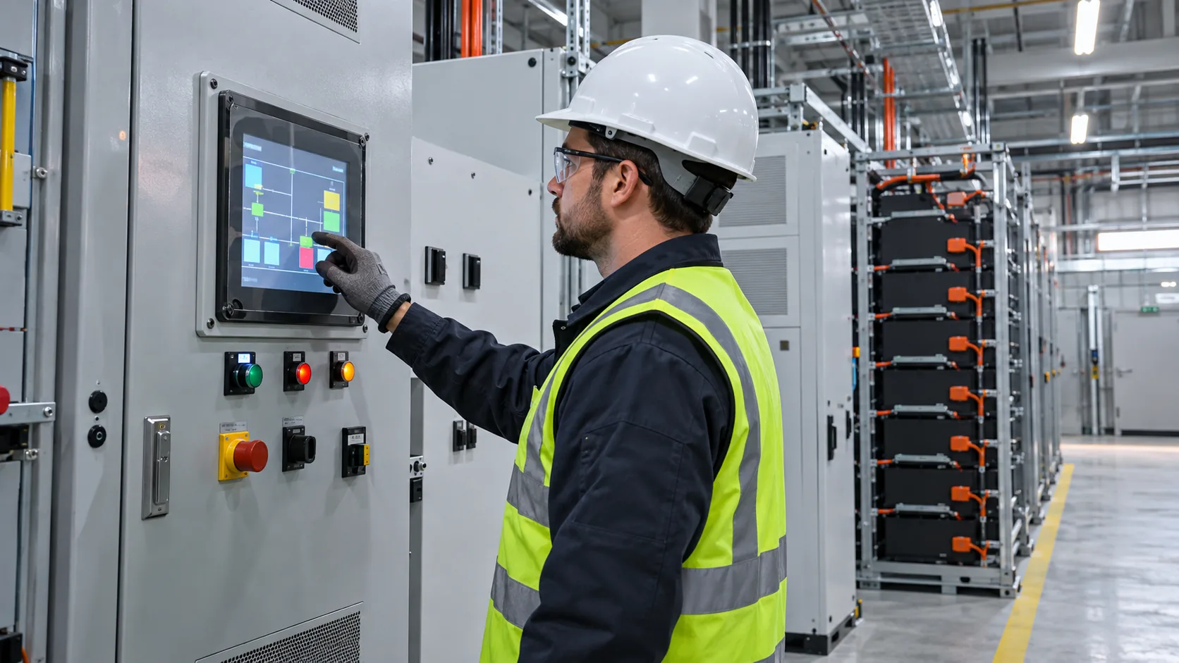 Electrical technician using a rugged TFT LCD HMI on industrial battery energy storage cabinets