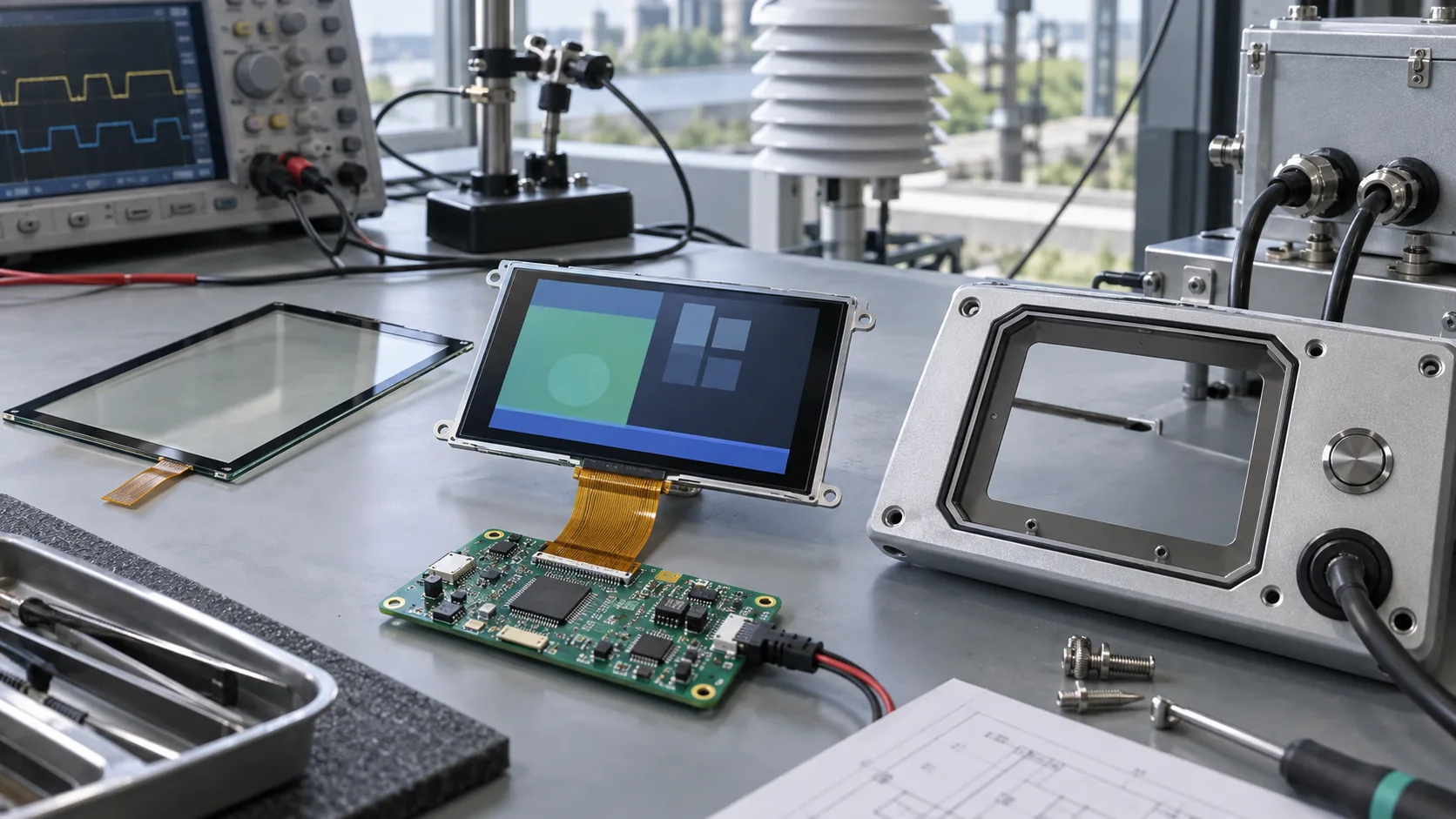 TFT LCD module, touch lens, controller and sealed enclosure parts prepared for industrial monitoring equipment
