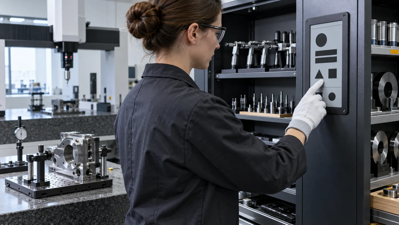 Technician reviewing e-paper calibration status display beside industrial metrology equipment